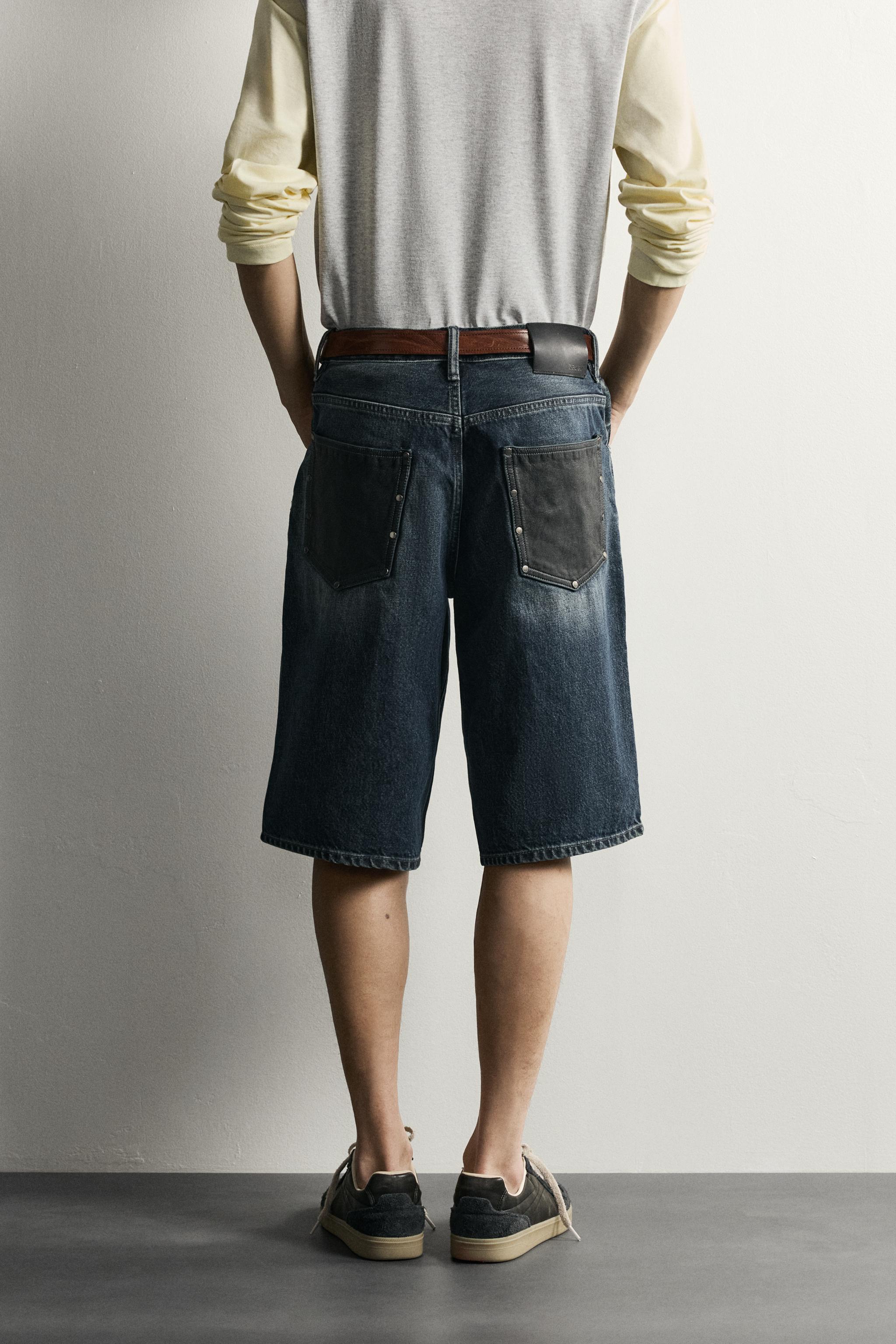 BAGGY FIT DENIM SHORTS WITH LEATHER POCKETS